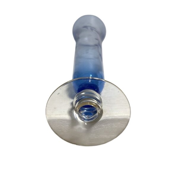 Blue Glass Vase Parma by AAI Etched Grapes Leaves Clear Pedestal Trumpet 8.25" - Picture 8 of 9